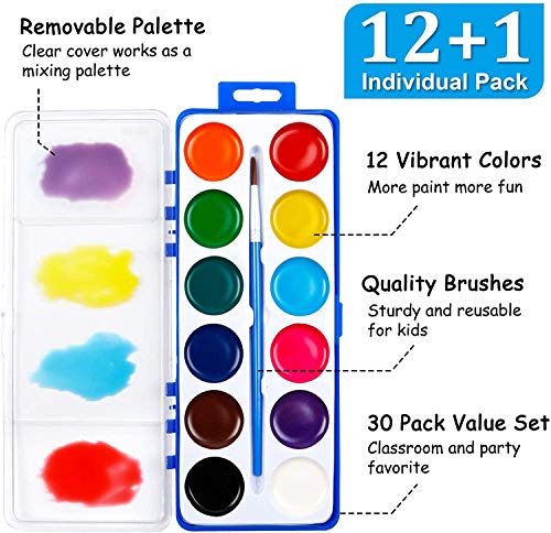 Shuttle Art 12 Colors Watercolor Paint Set Bulk, Pack of 30, Watercolor Paint Set with Paint Brushes for Kids and Adults, Washable Paint for Classroom, Parties, Kindergarten and Art Activities