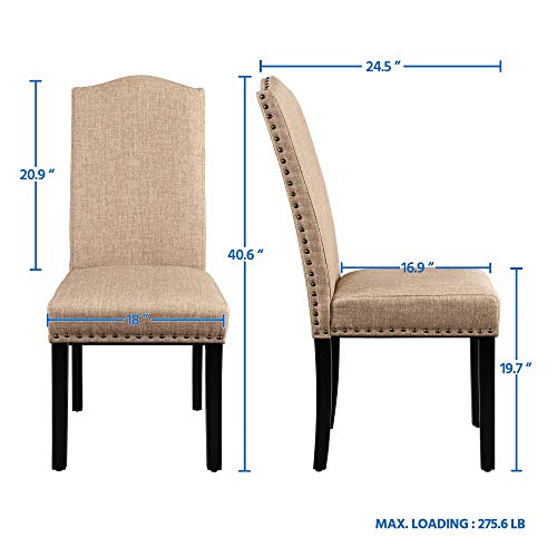 Yaheetech Dining Chairs Upholstered Parsons Chairs Kitchen Living Room Chairs with Rubber Wood Legs and Nailhead Trim, Fabric Side Chairs for Dining Room, Kitchen and Living Room, Set of 2, Khaki