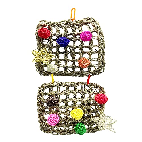 Bird Foraging Wall Toy Natural Seagrass Woven Parrot Activity Wall Hanging Hammock Cage Intelligence Chew Toy with Colorful Rattan Balls for Small Parrot Parakeet Conure Cockatoo Budgie Lovebird