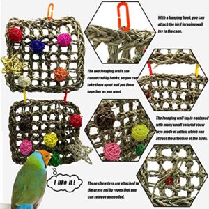 Bird Foraging Wall Toy Natural Seagrass Woven Parrot Activity Wall Hanging Hammock Cage Intelligence Chew Toy with Colorful Rattan Balls for Small Parrot Parakeet Conure Cockatoo Budgie Lovebird