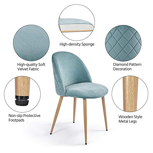 Yaheetech Dining Chairs Velvet Chairs Living Room Chairs Modern Style Upholstered Chairs with Backrest Wooden Style Metal Legs for Leisure, Restaurant, Cafe, Makeup, Set of 2, Aqua