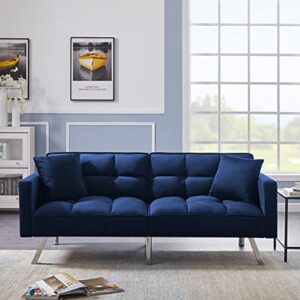 velvet futon sofa bed with two pillows, convertible sleeper sofa couch with 3 angle adjustable backrest, modern loveseat with 6 metal legs for living room, bedroom (blue)
