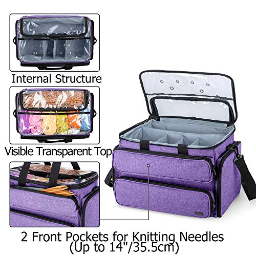 YARWO Knitting Bag, Yarn Storage Organizer Tote for Knitting Needles(Up to 14”), Crochet Hooks, Circular Needles, Projects and Skeins of Yarn, Purple (Bag Only)