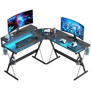 Bestier LED Gaming Desk 55" L Shaped Computer Corner Desk with 2 Cup Holders 2 Headset Hooks 36" Large Monitor Shelf Home Office Desk Bedroom Reversible 72" Long Desk for 2 Persons, Black