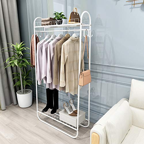 Kefair Metal Garment Rack Free-Standing Closet Organzier Heavy Duty Clothes Rack with Hooks and Storage Shelvels, White