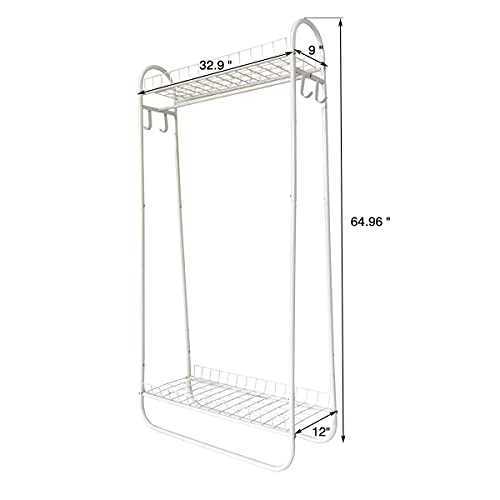 Kefair Metal Garment Rack Free-Standing Closet Organzier Heavy Duty Clothes Rack with Hooks and Storage Shelvels, White