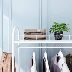 Kefair Metal Garment Rack Free-Standing Closet Organzier Heavy Duty Clothes Rack with Hooks and Storage Shelvels, White