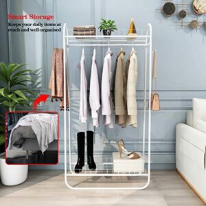 Kefair Metal Garment Rack Free-Standing Closet Organzier Heavy Duty Clothes Rack with Hooks and Storage Shelvels, White