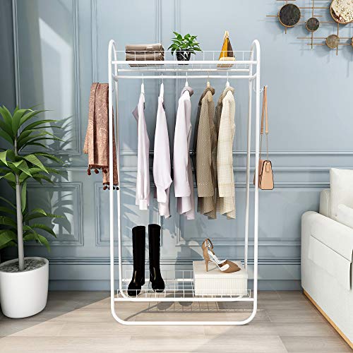 Kefair Metal Garment Rack Free-Standing Closet Organzier Heavy Duty Clothes Rack with Hooks and Storage Shelvels, White