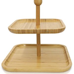 Decorative 2-Tier Square Bamboo Serving Tray with Wooden Handle - Cupcake Stand - Home Decor for Kitchen Counter, Dining Room Table, and Coffee Bar - 9.5" x 9.5" x 10"