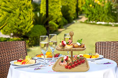 Decorative 2-Tier Square Bamboo Serving Tray with Wooden Handle - Cupcake Stand - Home Decor for Kitchen Counter, Dining Room Table, and Coffee Bar - 9.5" x 9.5" x 10"