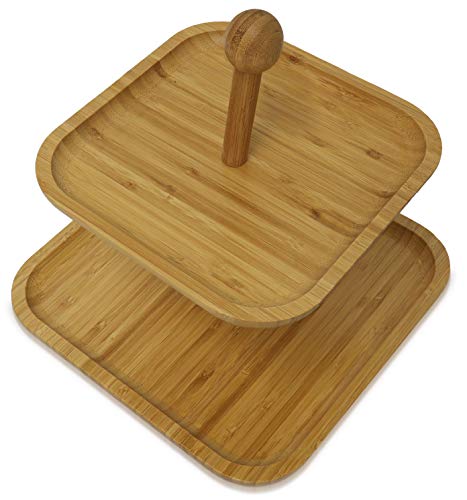 Decorative 2-Tier Square Bamboo Serving Tray with Wooden Handle - Cupcake Stand - Home Decor for Kitchen Counter, Dining Room Table, and Coffee Bar - 9.5" x 9.5" x 10"