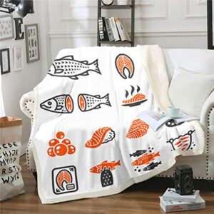 cartoon salmon fish themed plush blanket cute ocean sea creature fleece throw blanket sushi print sherpa blanket for couch bed sofa hipster japanese style fuzzy blanket room decor twin 60"x80"