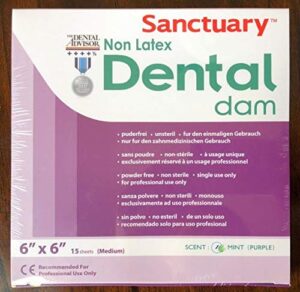 latex free 15 sheet sanctuary rubber dental dam, non-latex, medium gauge 6" x 6"