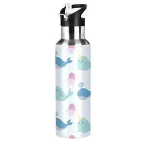 orezi jellyfish whale and narwhal water bottle thermos with straw lid for boys girls,600 ml,leakproof stainless-steel sports bottle for women men teenage