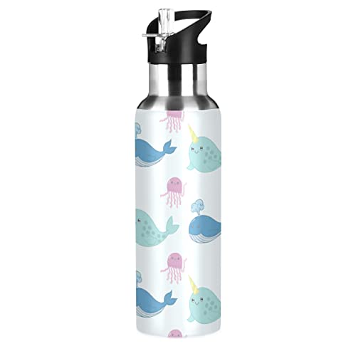 OREZI Jellyfish Whale And Narwhal Water Bottle Thermos with Straw Lid for Boys Girls,600 ml,Leakproof Stainless-Steel Sports Bottle for Women Men Teenage