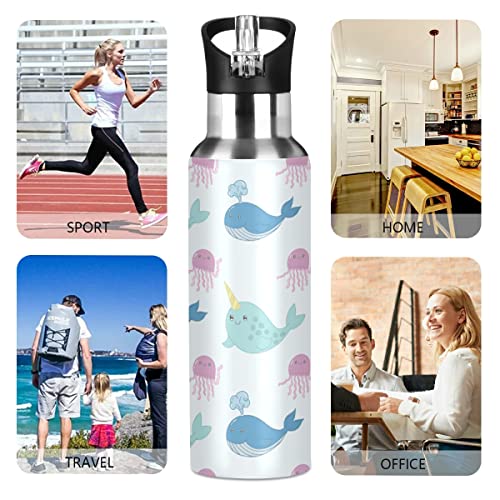 OREZI Jellyfish Whale And Narwhal Water Bottle Thermos with Straw Lid for Boys Girls,600 ml,Leakproof Stainless-Steel Sports Bottle for Women Men Teenage