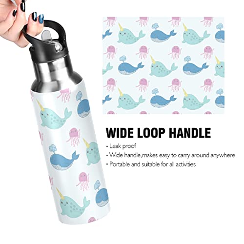 OREZI Jellyfish Whale And Narwhal Water Bottle Thermos with Straw Lid for Boys Girls,600 ml,Leakproof Stainless-Steel Sports Bottle for Women Men Teenage