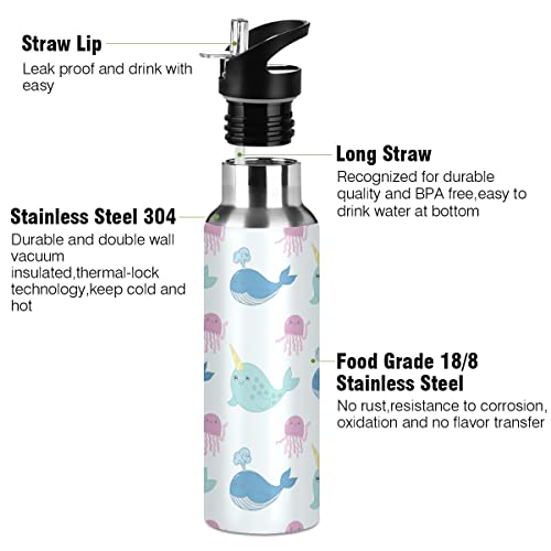 OREZI Jellyfish Whale And Narwhal Water Bottle Thermos with Straw Lid for Boys Girls,600 ml,Leakproof Stainless-Steel Sports Bottle for Women Men Teenage