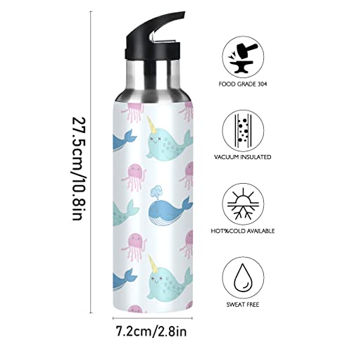 OREZI Jellyfish Whale And Narwhal Water Bottle Thermos with Straw Lid for Boys Girls,600 ml,Leakproof Stainless-Steel Sports Bottle for Women Men Teenage