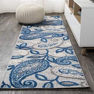 jonathan y amc102c-28 julien paisley high-low indoor outdoor area-rug bohemian floral easy-cleaning high traffic bedroom kitchen backyard patio porch non shedding, 2 x 8, blue/light gray