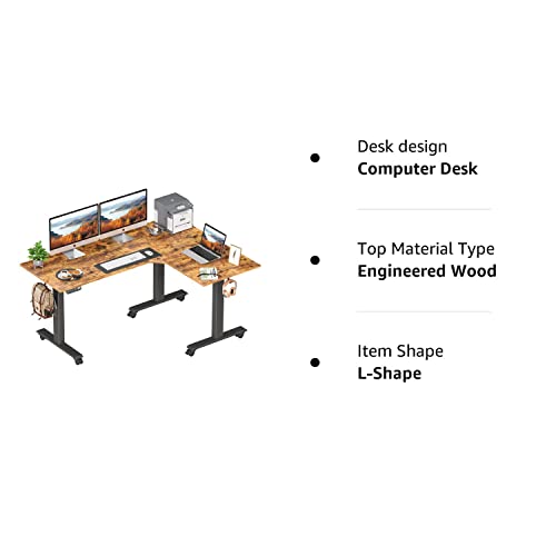 FEZIBO Triple Motor L-Shaped Electric Standing Desk, 63 Inches Height Adjustable Stand up Corner Desk, Sit Stand Workstation with Splice Board, Black Frame/Rustic Brown Top