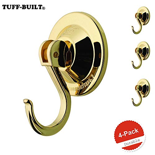 Tuff Built Suction Cup Hooks, 4-Pack Strong Vacuum Utility Hooks for Kitchen Shower Bath, for Coat Hat Towel Robe, Gold Chrome