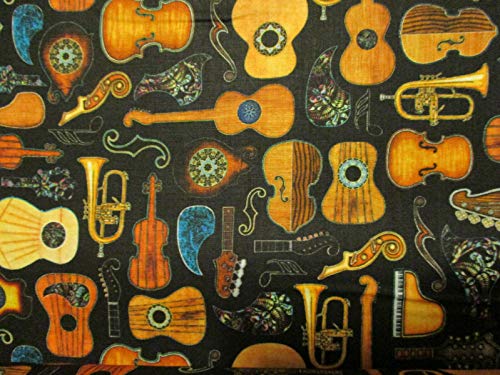 Quality Fabric 100% Cotton Fat Quarter (18'' x 22'') Guitars Mod Music Instruments Jazz Piano More Teal Digital