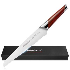 wellstar bread knife, 8 inch serrated bread loaf slicing knife with razor sharp high carbon german stainless steel forged blade and natural rosewood handle in gift box, v-style series