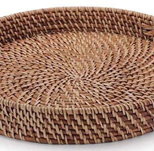 16.9 inch Rattan Tray, Round Wicker Tray with Cut-Out Handles, Woven Serving Tray for Dining/Coffee Table