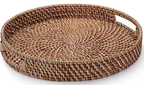 16.9 inch Rattan Tray, Round Wicker Tray with Cut-Out Handles, Woven Serving Tray for Dining/Coffee Table