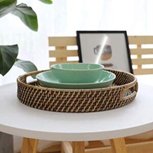 16.9 inch Rattan Tray, Round Wicker Tray with Cut-Out Handles, Woven Serving Tray for Dining/Coffee Table