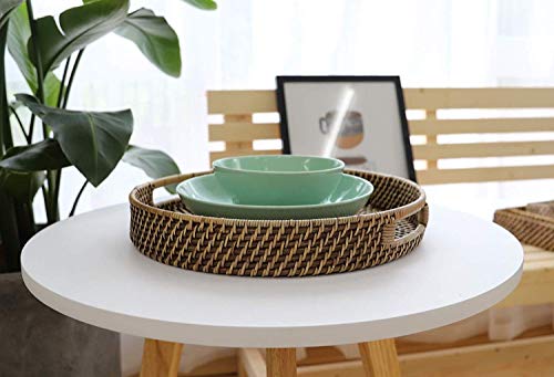 16.9 inch Rattan Tray, Round Wicker Tray with Cut-Out Handles, Woven Serving Tray for Dining/Coffee Table