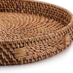 16.9 inch Rattan Tray, Round Wicker Tray with Cut-Out Handles, Woven Serving Tray for Dining/Coffee Table