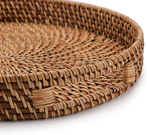 16.9 inch Rattan Tray, Round Wicker Tray with Cut-Out Handles, Woven Serving Tray for Dining/Coffee Table