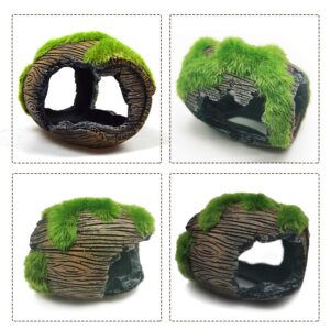 E.YOMOQGG Aquarium Decoration Broken Barrel Hideout with Moss Grass, Hideaway Cave for Fish Tank, Resin Hideout Ornament for Betta, Small Lizards to Play, Hide, Rest for Miniature Fairy Garden (Small)