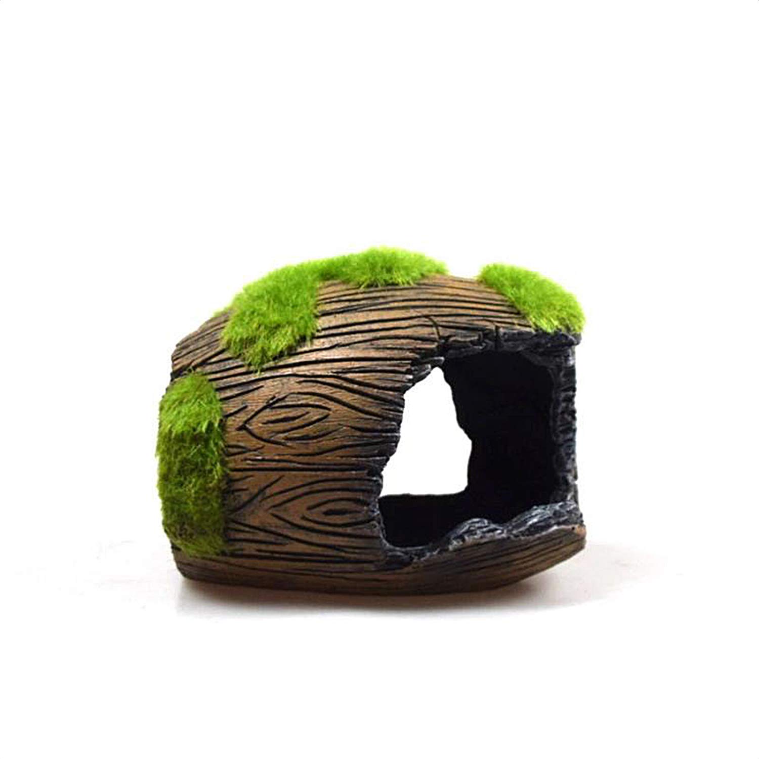 E.YOMOQGG Aquarium Decoration Broken Barrel Hideout with Moss Grass, Hideaway Cave for Fish Tank, Resin Hideout Ornament for Betta, Small Lizards to Play, Hide, Rest for Miniature Fairy Garden (Small)