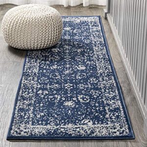 jonathan y mdp404a-210 soleiman modern persian indoor area-rug vintage transitional traditional floral easy-cleaning bedroom kitchen living room non shedding, 2 x 10, navy