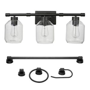 globe electric 51527 middleton 5-piece all-in-one bathroom set, dark bronze, 3-light vanity light with clear glass shades, towel bar, toilet paper holder, towel ring, robe hook