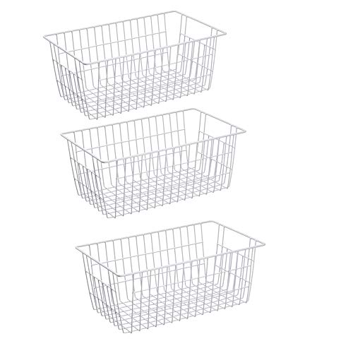 Slideep Farmhouse Metal Wire Basket, Fridge Freezer Storage Organizer Bins with Handles for Kitchen Cabinets, Pantry, Closets, Bedrooms, Bathrooms, White 3 Pack