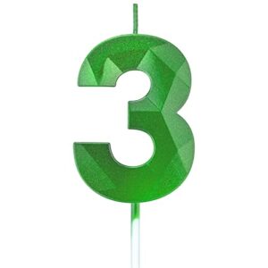 2.75in 3d diamond shape tall green 3 candles, glitter 3 green color happy birthday cake toppers decorating and celebrating for adults/kids party/family baking (2.75in green number 3)