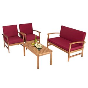 kinsuite 4pcs outdoor conversation acacia wood sofa set with cushions coffee table, patio furniture chairs for garden backyard poolside pool claret red