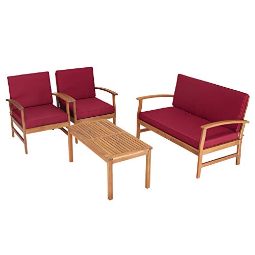 Kinsuite 4Pcs Outdoor Conversation Acacia Wood Sofa Set with Cushions Coffee Table, Patio Furniture Chairs for Garden Backyard Poolside Pool Claret Red