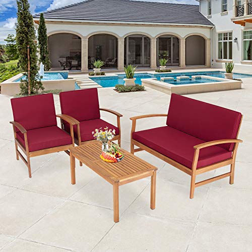Kinsuite 4Pcs Outdoor Conversation Acacia Wood Sofa Set with Cushions Coffee Table, Patio Furniture Chairs for Garden Backyard Poolside Pool Claret Red