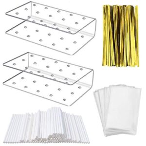 fox claw 2 packs lollipop holder cake pop stand display 100pcs clear treats bags 100pcs lollipop sticks and 100pcs gold metallic twist ties for candy cake pop making tools (2)