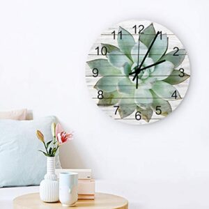 colorsum 12" wooden round wall clock tropical plants succulents cactus with wood plank texture battery operated silent non ticking clock for living room bathroom kitchen school decor