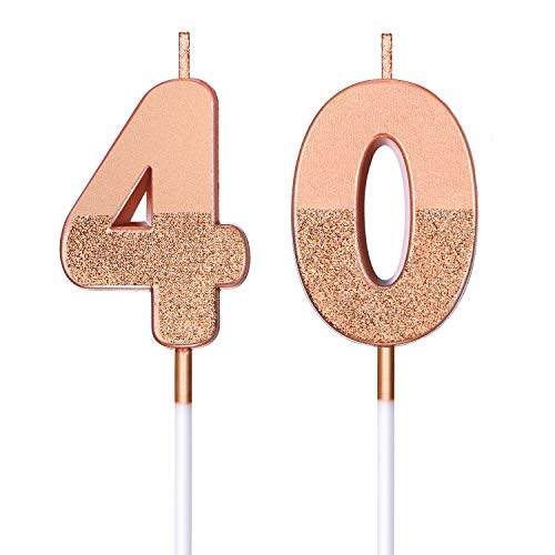 40th Birthday Candles Glitter Cake Numeral Candles 40th Happy Birthday Cake Topper Numeral Candles for Birthday Party Wedding Decoration Anniversary Celebration Favor, Rose Gold