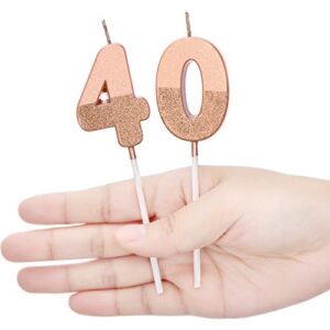 40th Birthday Candles Glitter Cake Numeral Candles 40th Happy Birthday Cake Topper Numeral Candles for Birthday Party Wedding Decoration Anniversary Celebration Favor, Rose Gold