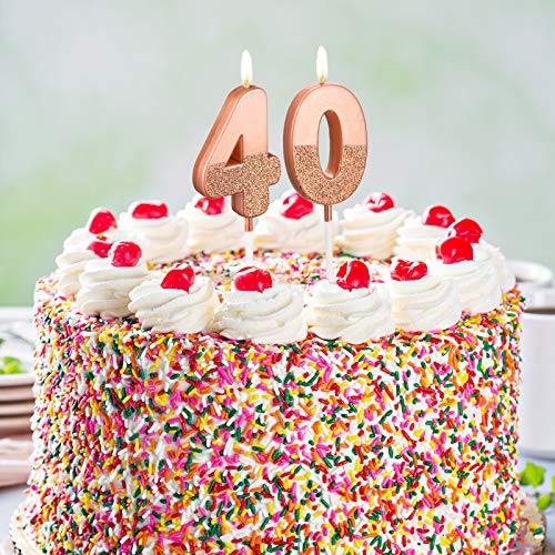 40th Birthday Candles Glitter Cake Numeral Candles 40th Happy Birthday Cake Topper Numeral Candles for Birthday Party Wedding Decoration Anniversary Celebration Favor, Rose Gold