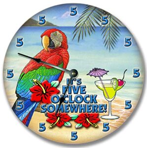 lplpol vintage wood hanging wall clock 5 o'clock somewhere wall clock round beach house decor bar house warming gift parrot martini new house present modern cool 12 inch battery operated clock